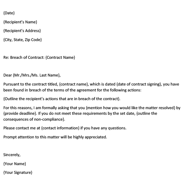 Breach Of Contract Letter Template